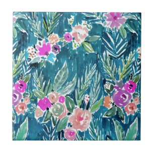 NAVY TROPICAL PARADISE Hawaiian Hibiscus Floral Tile