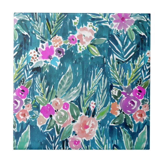 NAVY TROPICAL PARADISE Hawaiian Hibiscus Floral Tile (Front)