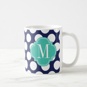 Navy & Turquoise Big Polka Dots Monogrammed Coffee Mug