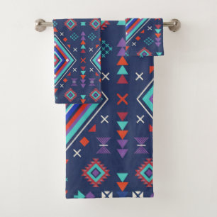 Navy Turquoise Boho Geometric Surface Pattern Bath Towel Set
