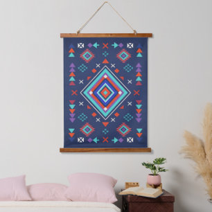 Navy Turquoise Boho Geometric Surface Pattern Hanging Tapestry