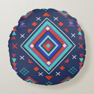 Navy Turquoise Boho Geometric Surface Pattern Round Cushion