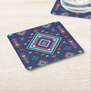 Navy Turquoise Boho Geometric Surface Pattern Square Paper Coaster