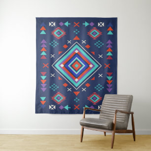 Navy Turquoise Boho Geometric Surface Pattern Tapestry