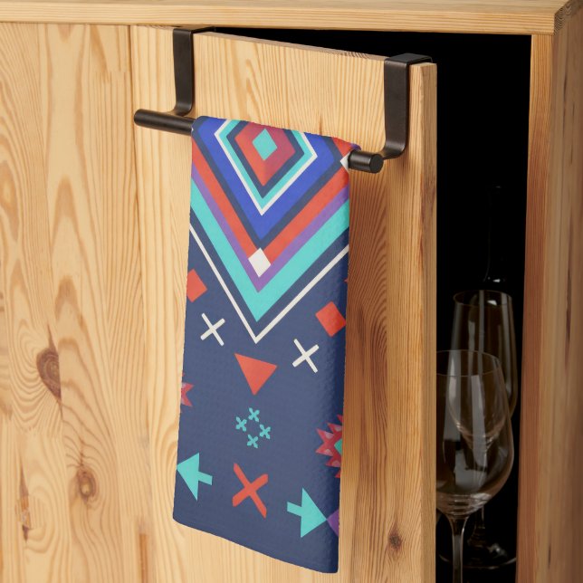 Navy Turquoise Boho Geometric Surface Pattern Tea Towel (Thirds Fold)