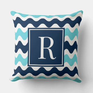Navy & Turquoise Preppy Ric Rac Stripe Monogram Cushion