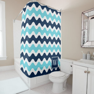 Navy & Turquoise Preppy Ric Rac Stripe Shower Curtain