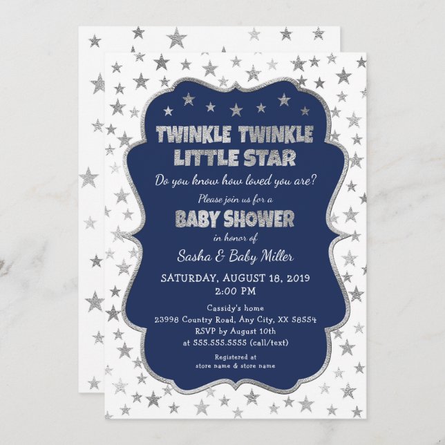 Navy Twinkle Little Star Baby Shower invitations (Front/Back)