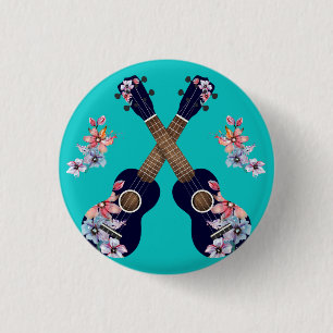 Navy Ukuleles with Floral Watercolour Elements Pap 3 Cm Round Badge