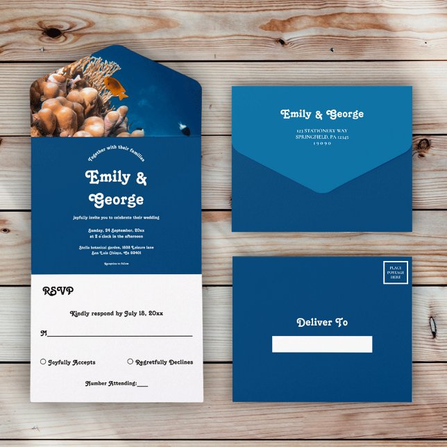 Navy Under The Sea Fish Reefs Summer Beach Wedding All In One Invitation (Creator Uploaded)