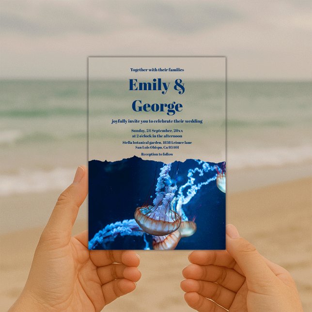 Navy Under the Sea Jellyfish Beach Coastal Wedding Acrylic Invitations (Creator Uploaded)