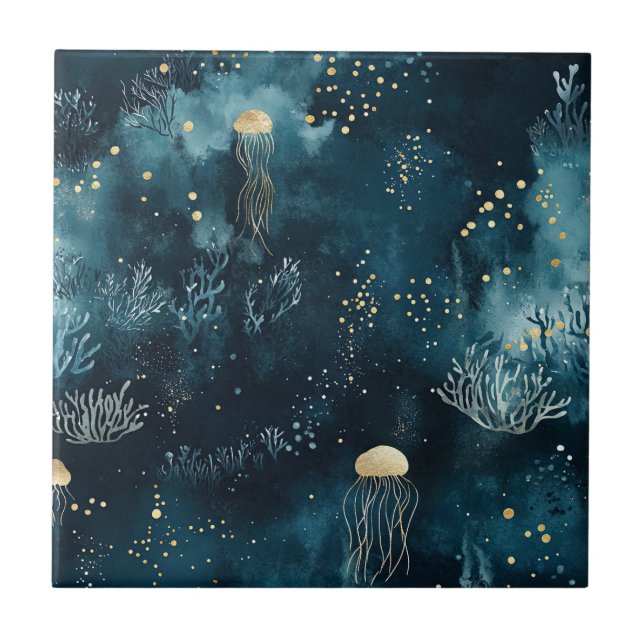 Navy Underwater Jellyfish Marine Life Pattern Ceramic Tile (Front)