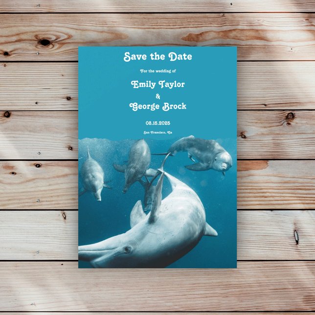 Navy Underwater Playful Dolphins Sea Beach Wedding Save The Date (Creator Uploaded)