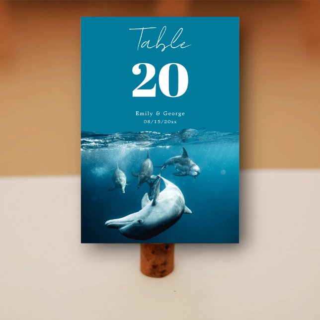 Navy Underwater Playful Dolphins Sea Beach Wedding Table Number (Creator Uploaded)