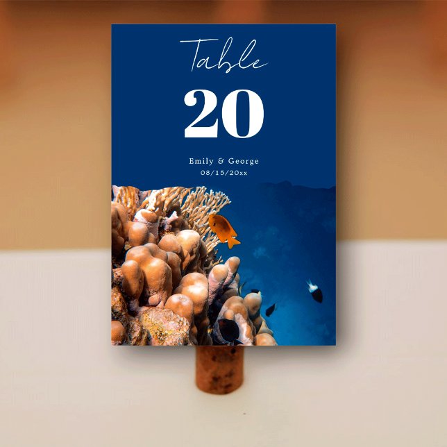 Navy Underwater Sea Fish Reefs Coastal Wedding Table Number (Creator Uploaded)