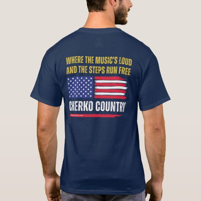 (Navy) US Flag / Music's Loud & Steps Run Free T-Shirt (Back)