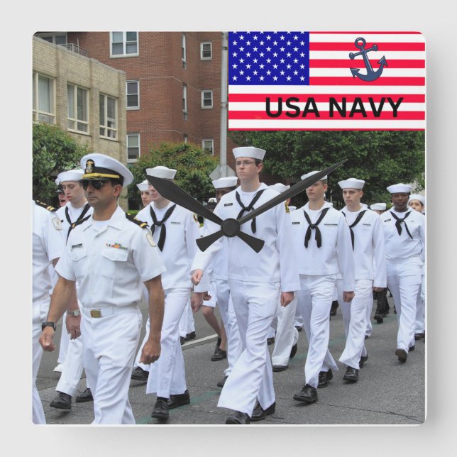 Navy USA Marching Saillors in white military unifo Square Wall Clock (Front)