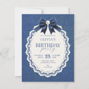 Navy velvet bow vintage elegant birthday invitation