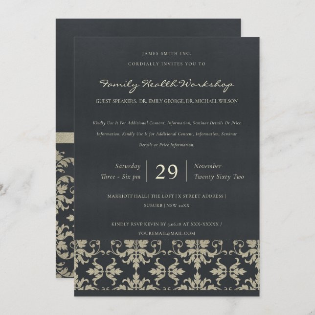 NAVY VELVET SILVER DAMASK CLASSIC WORKSHOP EVENT INVITATION (Front/Back)