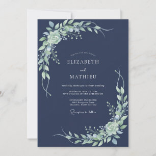 Navy Verdant Flourish Wedding Invitation
