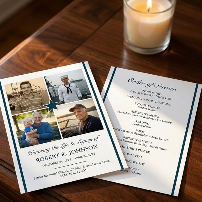 Navy Veteran 4 Photo Collage Flat Funeral Program (Double sided Order of Service funeral program 4 photos - designed for Navy Veteran or ex-serviceman)