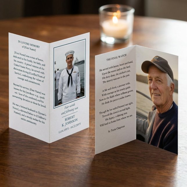 Navy Veteran Memorial Photo Poem Prayer Card (Folded prayer card with 2 photos, mini eulogy and poem (all wording editable))