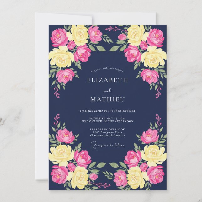 Navy Vibrant Floral Romance Wedding Invitation (Front)
