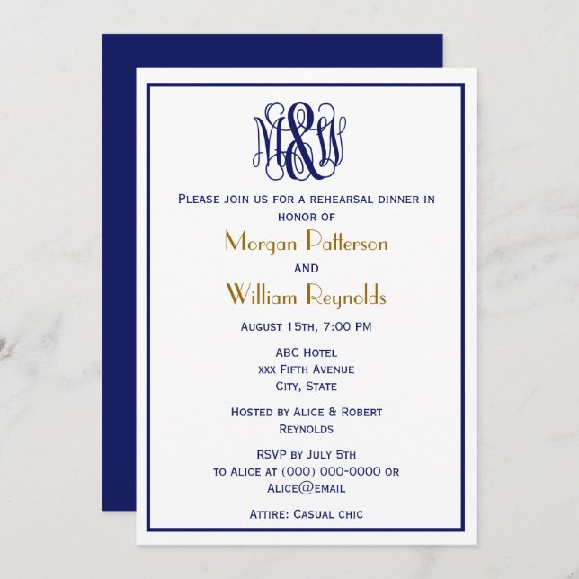 Navy Vine Script Monogram B&G DIY BG Rehearsal Invitation (Front/Back)