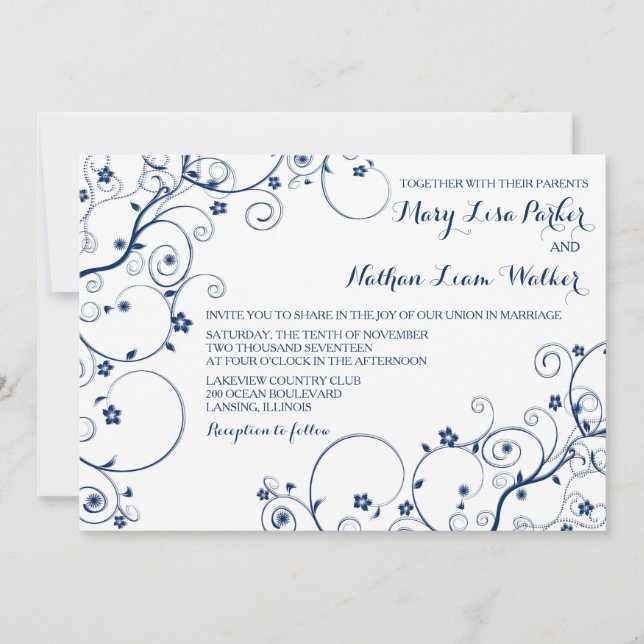 Navy Vines Wedding Invitation (Front)