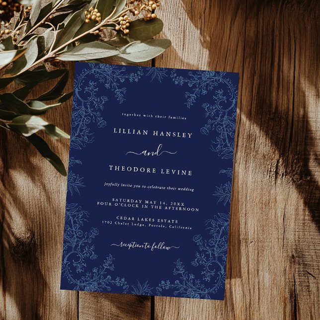 Navy Vintage Elegant Floral Leaf Wedding   Invitation (Creator Uploaded)