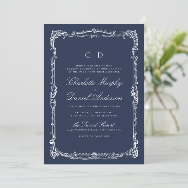 Navy Vintage Frame Classic Script Monogram Wedding Invitation (Standing Front)