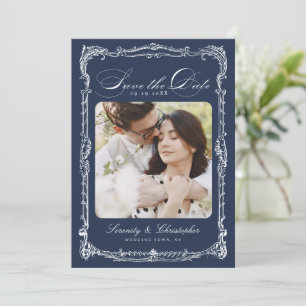 Navy Vintage Frame Classic Script Photo Wedding Save The Date