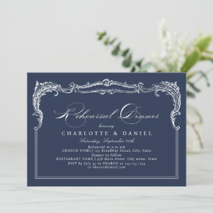 Navy Vintage Frame Classic Script Rehearsal Dinner Invitation