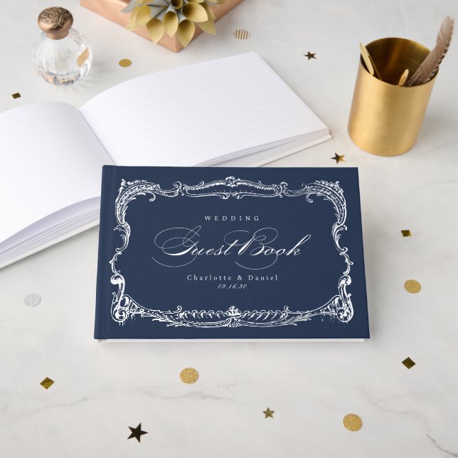 Navy Vintage Frame Classic Script wedding. Guest Book (Front Open)