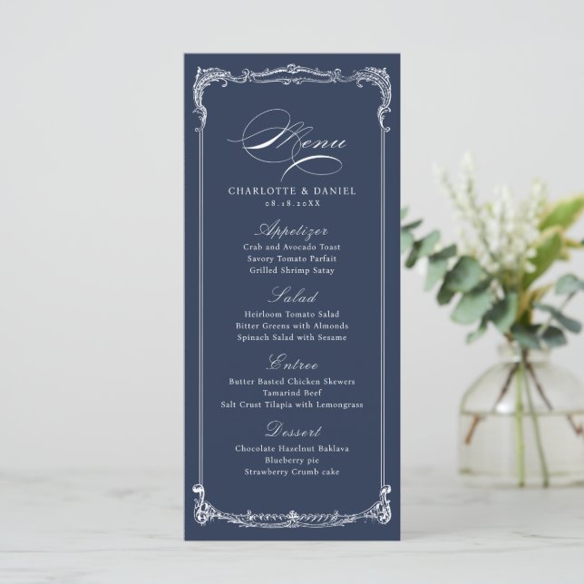Navy Vintage Frame Classic Script Wedding Menu  (Standing Front)