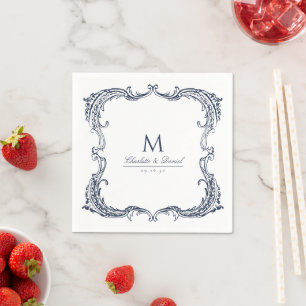 Navy Vintage Frame Classic Script Wedding Napkin
