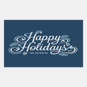 Navy Vintage Happy Holidays Rectangle Stickers