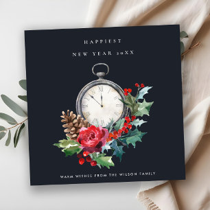 NAVY VINTAGE RED GREEN HOLLY BERRY NEW YEAR CLOCK HOLIDAY CARD