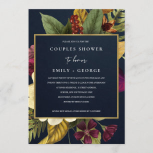 NAVY VINTAGE RETRO BURGUNDY FLORAL COUPLES SHOWER INVITATION