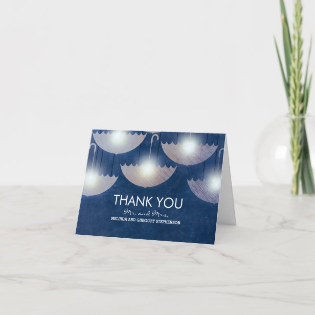 Navy Vintage Umbrella Lights Wedding Thank You Card (Front)