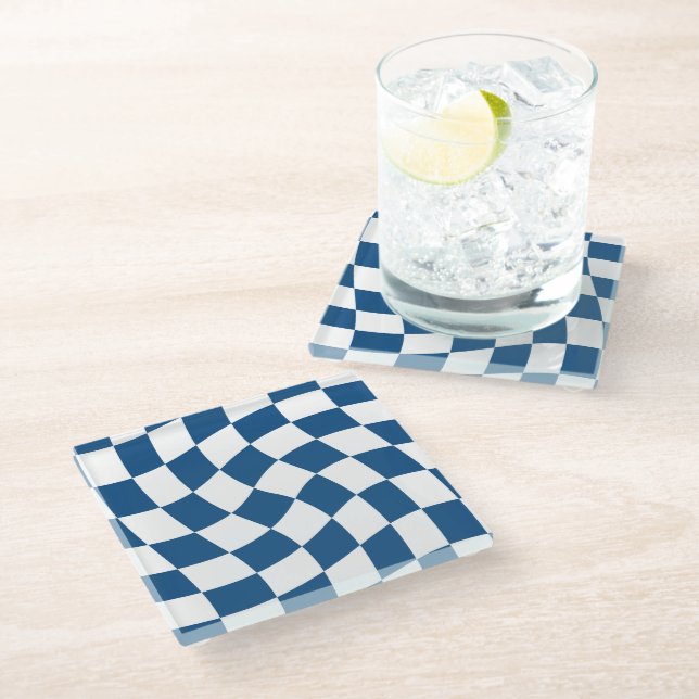 Navy Warped Retro Checks Chequerboard Pattern    Glass Coaster (Angled)
