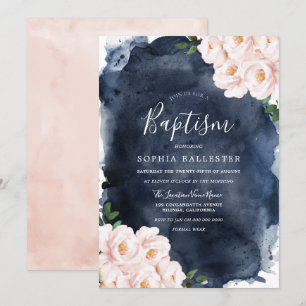 Navy Watercolor Beautiful Blush Floral Baptism Invitation