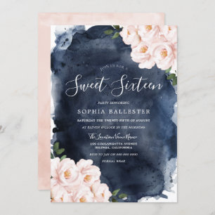 Navy Watercolor Beautiful Blush Floral Sweet 16 Invitation