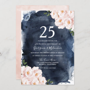 Navy Watercolor Blush Floral 25th Anniversary Invitation