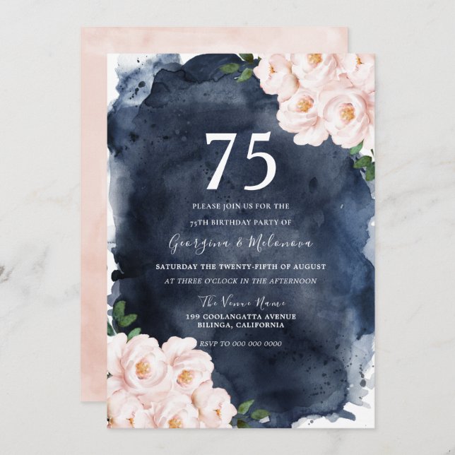 Navy Watercolor Blush Floral 75th birthday Party Invitation (Front/Back)