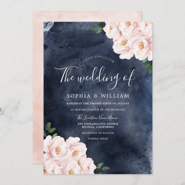 Navy Watercolor Blush Flowers Wedding Invitation (Front/Back)