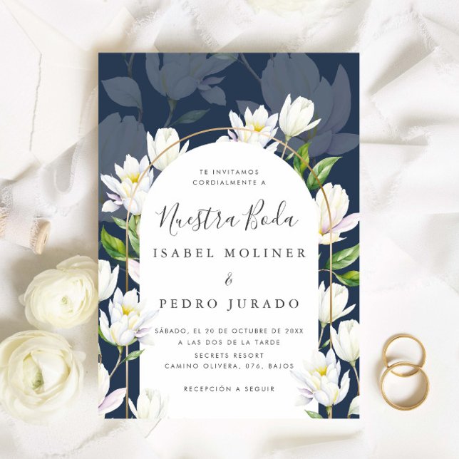 Navy Watercolor Botanical Nuestra Boda Wedding Invitation (Creator Uploaded)