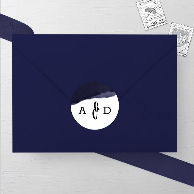 Navy Watercolor Brush Stroke Wedding Classic Round Sticker (Creator Uploaded)