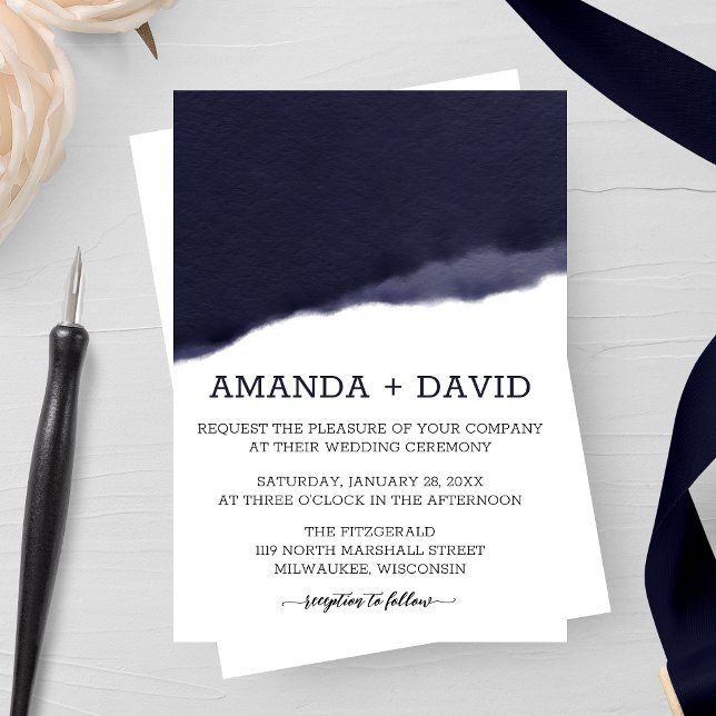 Navy Watercolor Brush Stroke Wedding Invitation (Creator Uploaded)