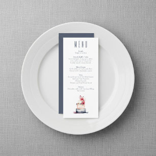 Navy Watercolor Cake Wedding Menu Card